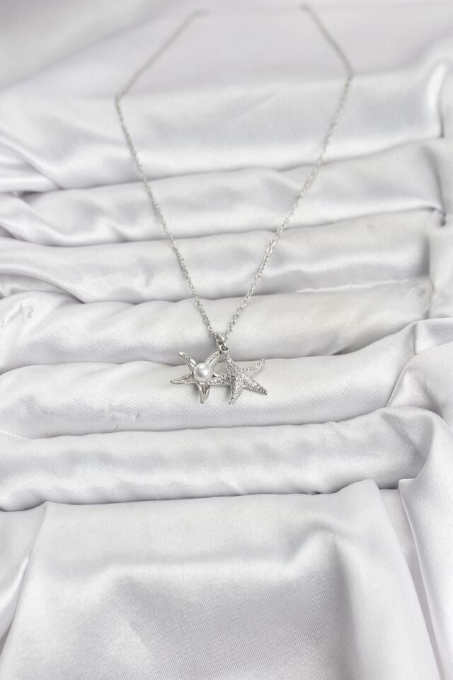 316L Çelik Zincir Gümüş Renk Deniz Yıldızı Model Zirkon Taşlı Kadın Kolye