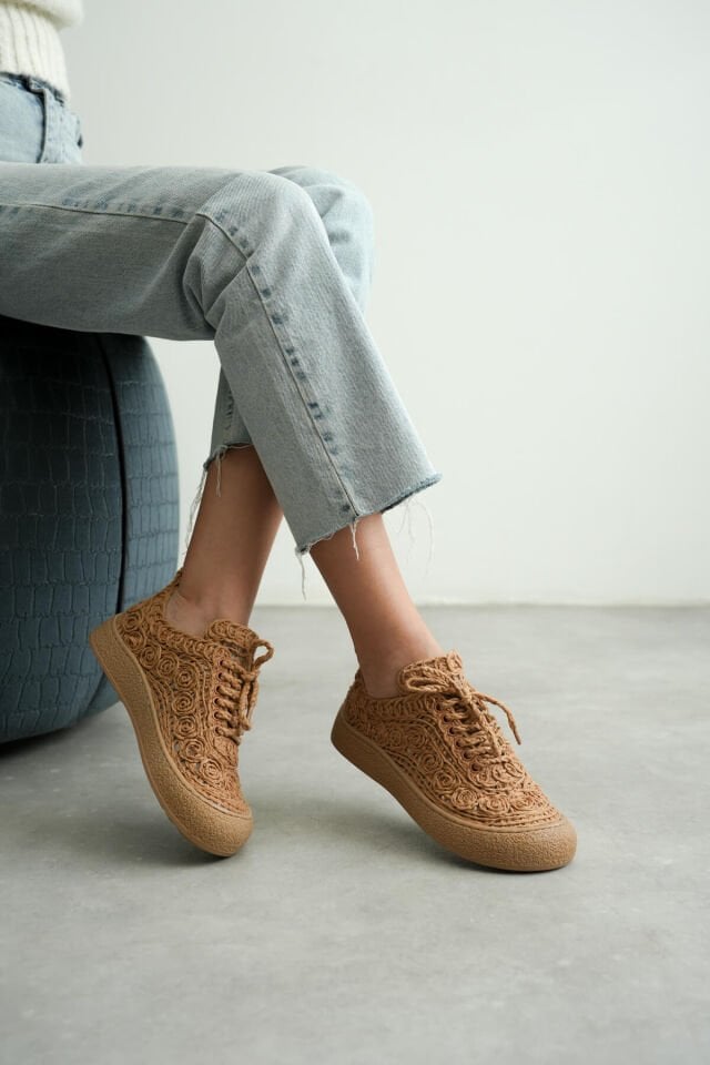 Kadın Taba Örgü Detaylı Günlük Sneaker Rahat ve Hafif Spor Ayakkabı TR01MY01D