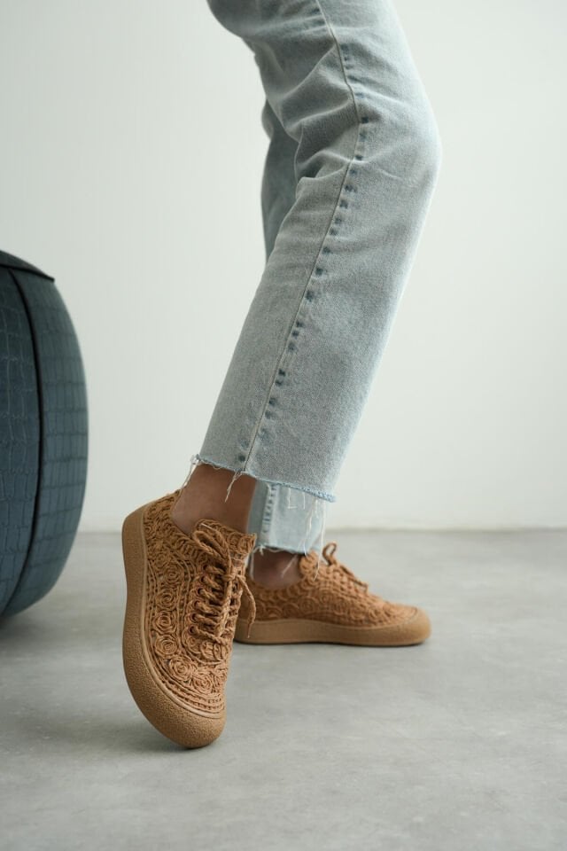 Kadın Taba Örgü Detaylı Günlük Sneaker Rahat ve Hafif Spor Ayakkabı TR01MY01D
