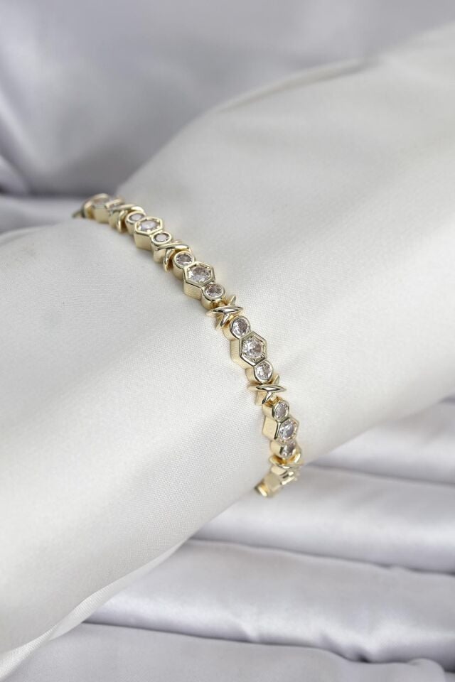 Pirinç Gold Renk Petek Model Zirkon Taşlı Kadın Bileklik