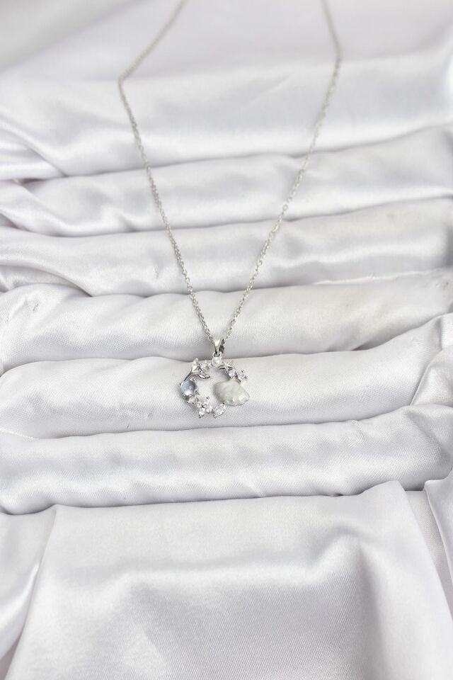 316L Çelik Zincir Gümüş Renk Deniz Tema Model Zirkon Taşlı Kadın Kolye