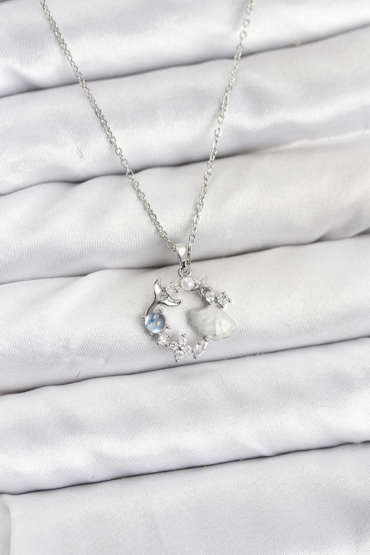 316L Çelik Zincir Gümüş Renk Deniz Tema Model Zirkon Taşlı Kadın Kolye