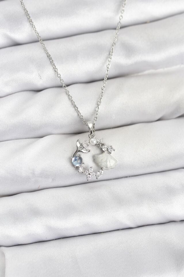 316L Çelik Zincir Gümüş Renk Deniz Tema Model Zirkon Taşlı Kadın Kolye