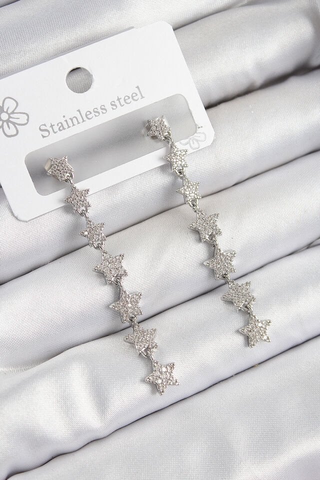 Pirinç Zirkon Taşlı Sallantılı Yıldız Model Gümüş Renk Kadın Küpe