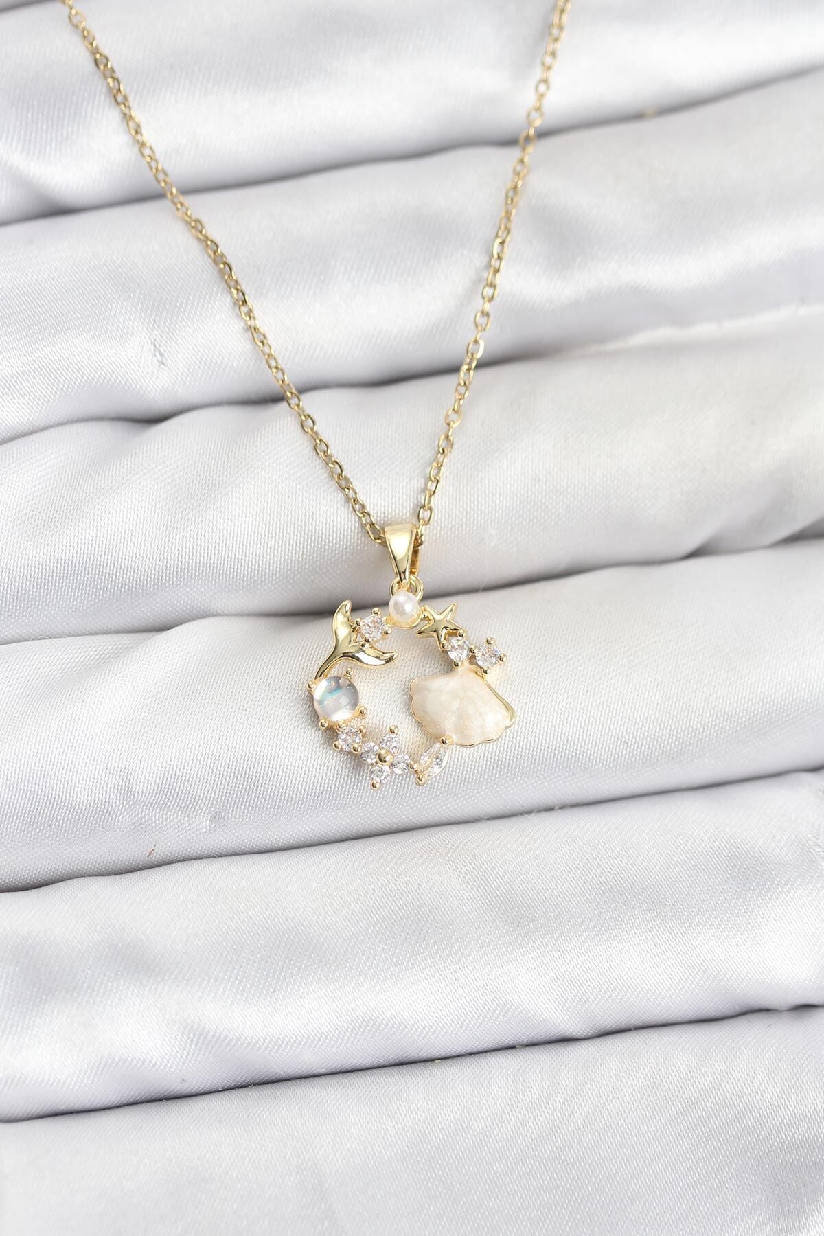 316L Çelik Zincir Gold Renk Deniz Tema Model Zirkon Taşlı Kadın Kolye