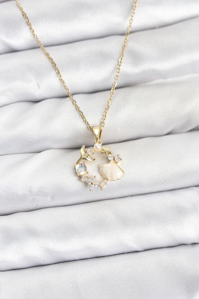 316L Çelik Zincir Gold Renk Deniz Tema Model Zirkon Taşlı Kadın Kolye