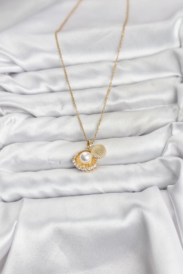 316L Çelik Zincir Gold Renk İncili Deniz Kabuğu Model Zirkon Taşlı Kadın Kolye