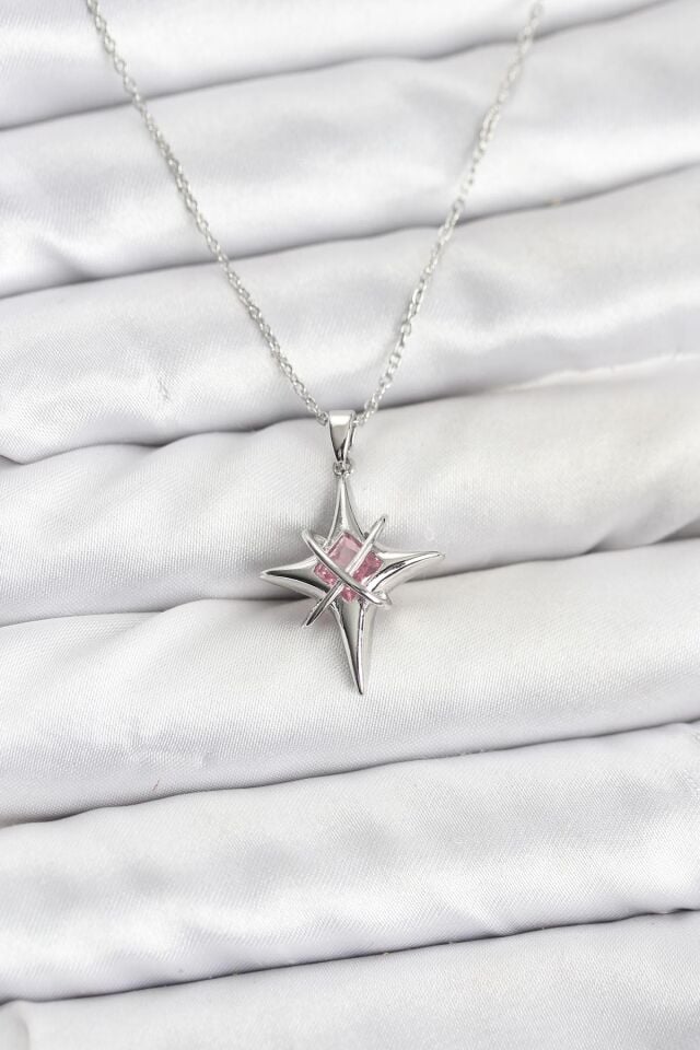 316L Çelik Gümüş Renk Zirkon Taşlı Kutup Yıldızı Model Kadın Kolye