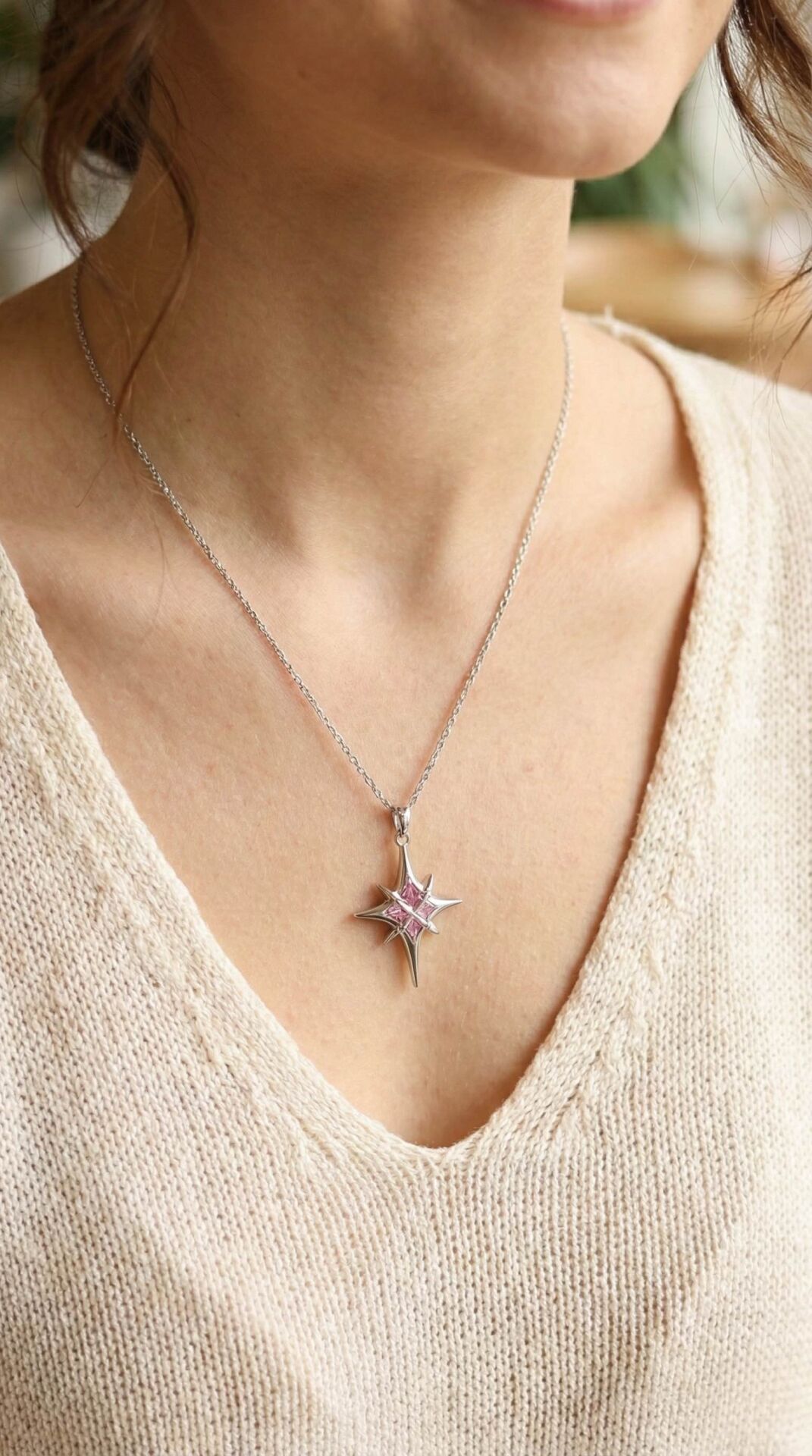 316L Çelik Gümüş Renk Zirkon Taşlı Kutup Yıldızı Model Kadın Kolye