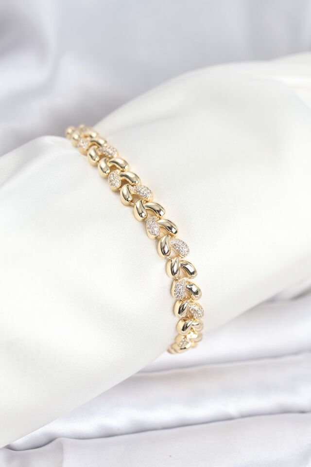 Pirinç Gold Renk VIP Seri Sarmal Damla Model Zirkon Taşlı Kadın Bileklik