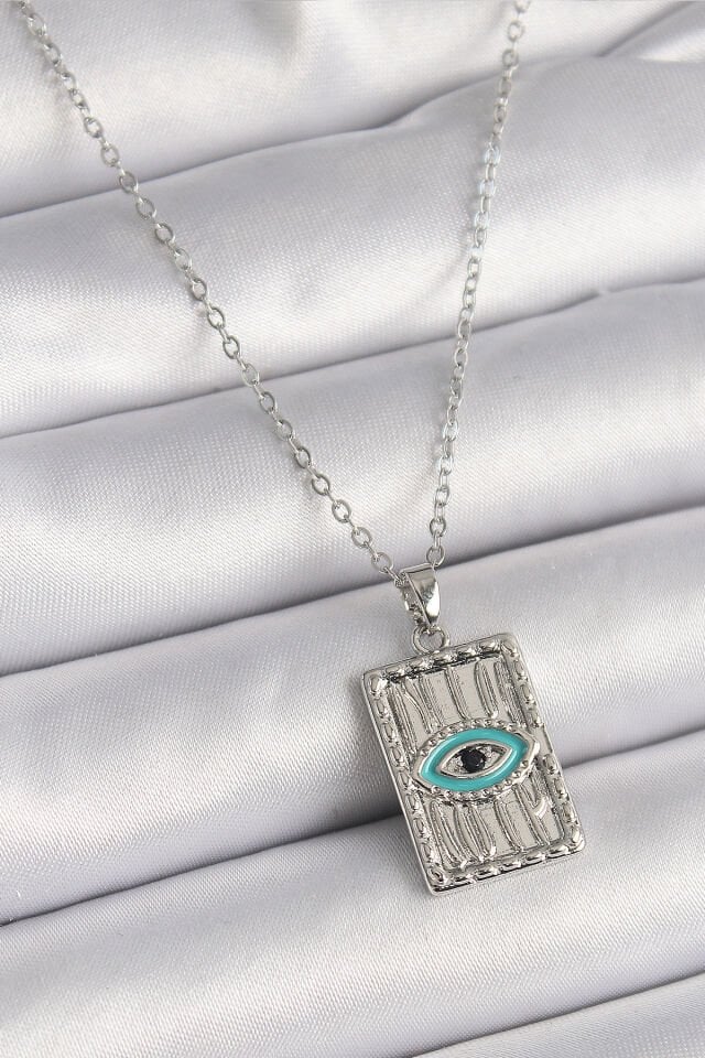 316L Çelik Gümüş Renk Zirkon Taşlı Göz İşleme Detaylı Plaka Model Kadın Kolye