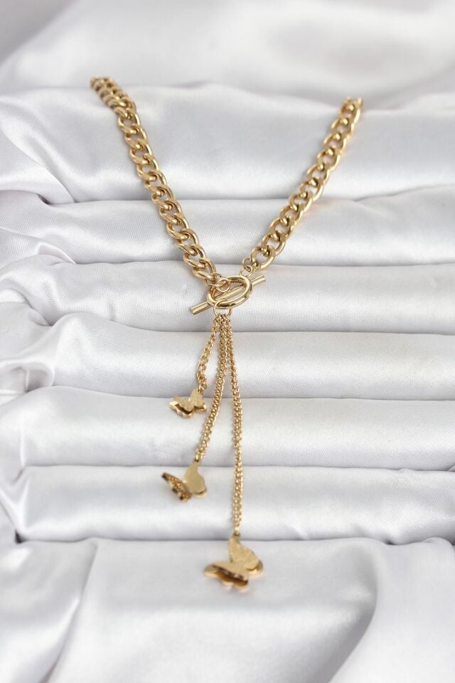 316L Çelik Gold Renk Kelebek Sallantılı Kadın Kolye