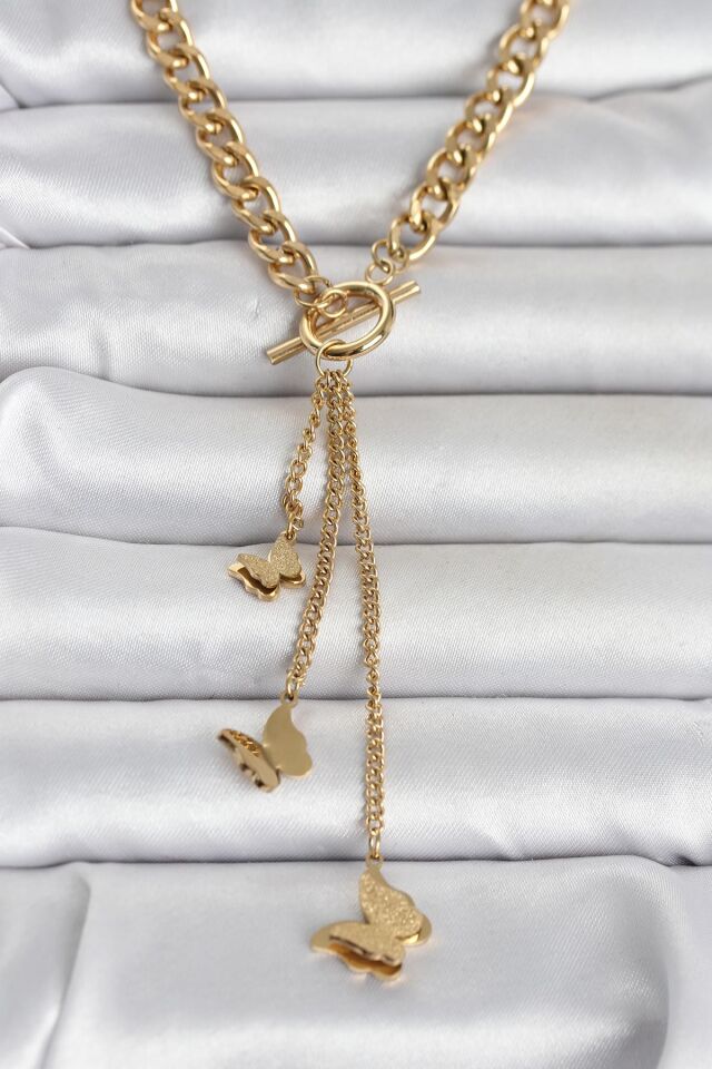 316L Çelik Gold Renk Kelebek Sallantılı Kadın Kolye