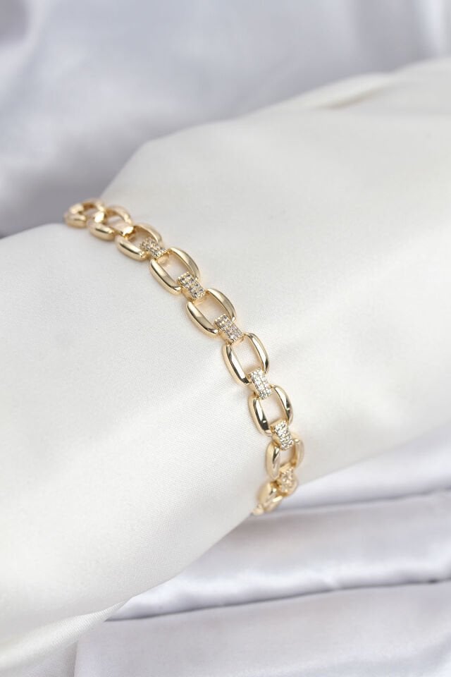 Pirinç Gold Renk VIP Seri Zincir Model Zirkon Taşlı Kadın Bileklik