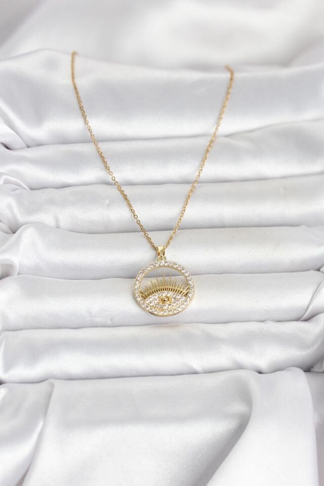 316L Çelik Gold Renk Zirkon Taşlı Göz Model Kadın Kolye
