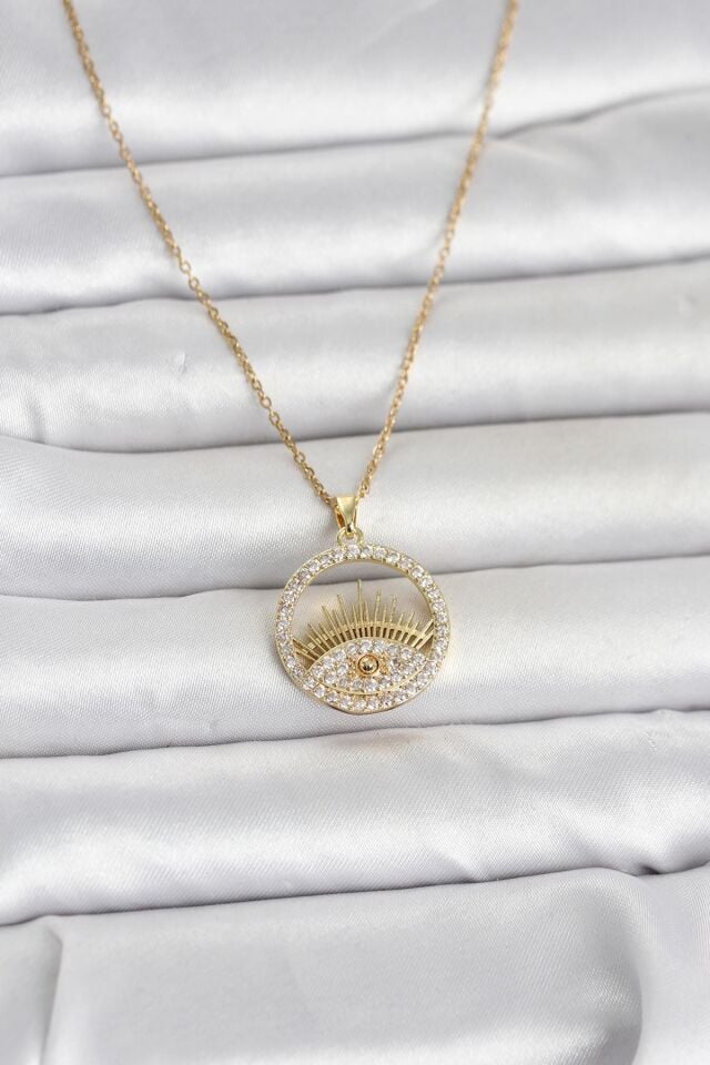 316L Çelik Gold Renk Zirkon Taşlı Göz Model Kadın Kolye