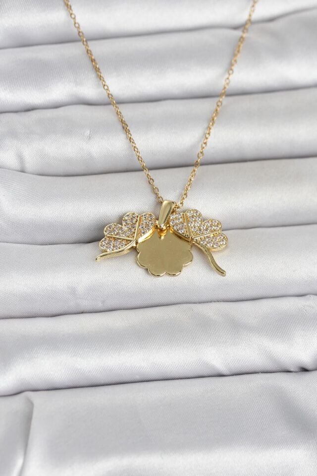 316L Çelik Gold Renk Açılabilir Yonca Model Zirkon Taşlı Kadın Kolye