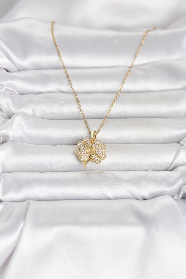 316L Çelik Gold Renk Açılabilir Yonca Model Zirkon Taşlı Kadın Kolye