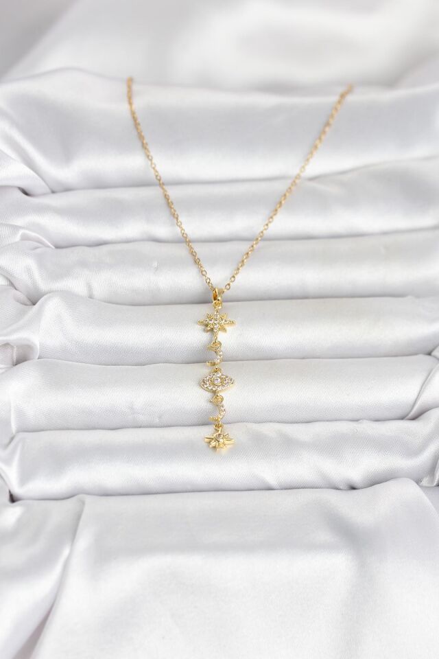 316L Çelik Gold Renk Kutup Yıldızı Y Model Zirkon Taşlı Kadın Kolye