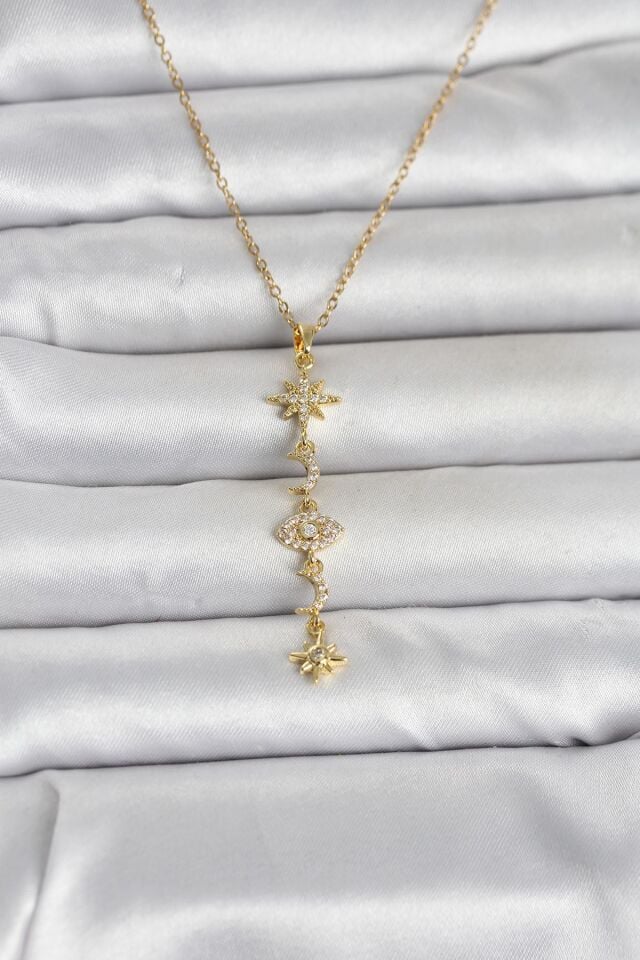 316L Çelik Gold Renk Kutup Yıldızı Y Model Zirkon Taşlı Kadın Kolye