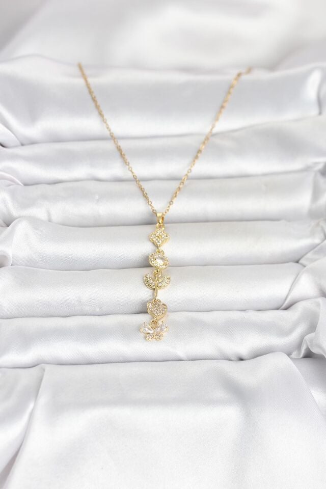 316L Çelik Gold Renk Şans Kolyesi Y Model Zirkon Taşlı Kadın Kolye