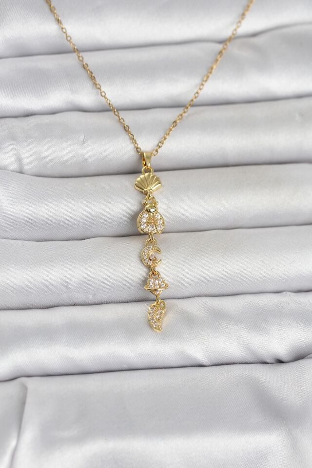 316L Çelik Gold Renk Deniz Temalı Y Model Zirkon Taşlı Kadın Kolye