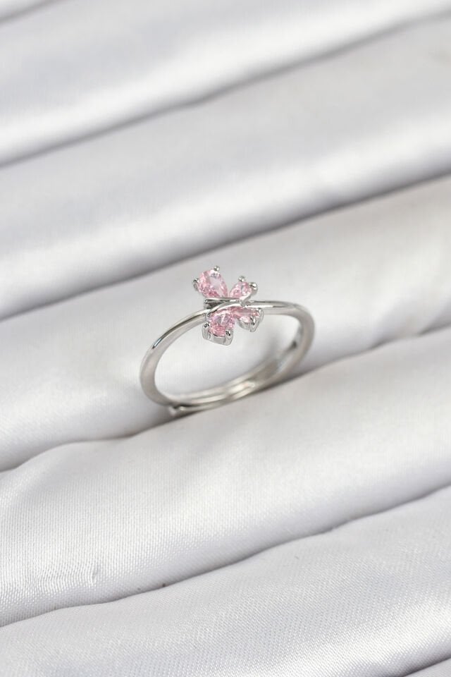 Pirinç Gümüş Renk Pembe Kelebek Kadın Yüzük