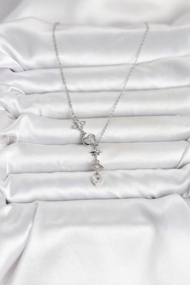 316L Çelik Gümüş Renk Zirkon Taşlı Y Kadın Kolye