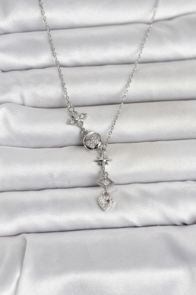 316L Çelik Gümüş Renk Zirkon Taşlı Y Kadın Kolye