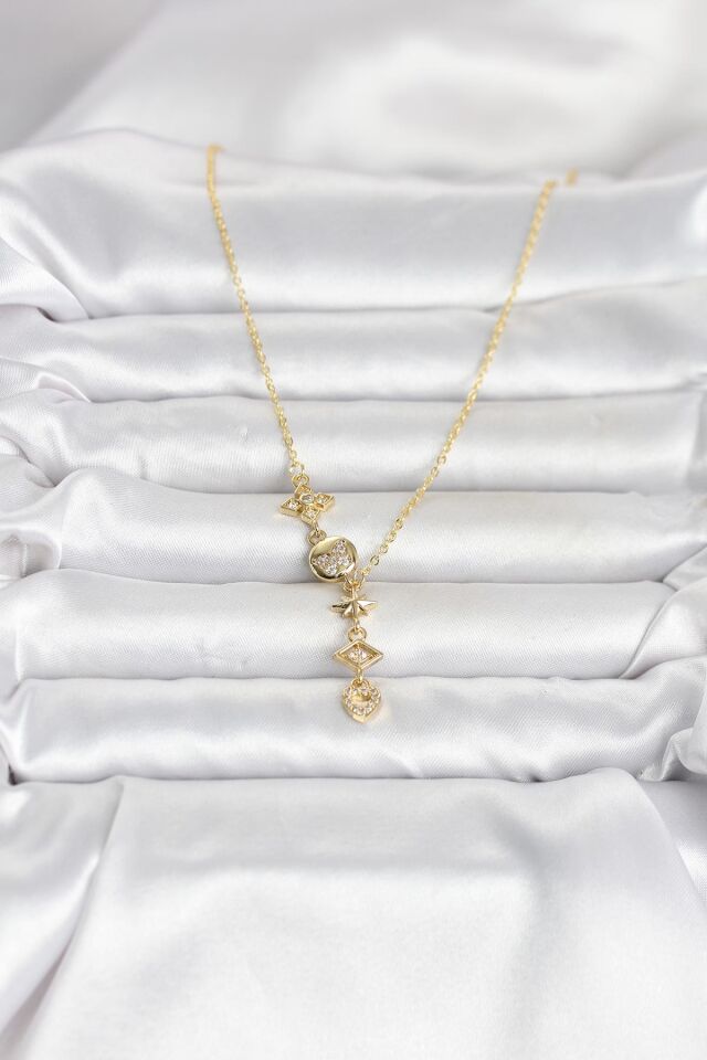 316L Çelik Gold Renk Zirkon Taşlı Y Kadın Kolye