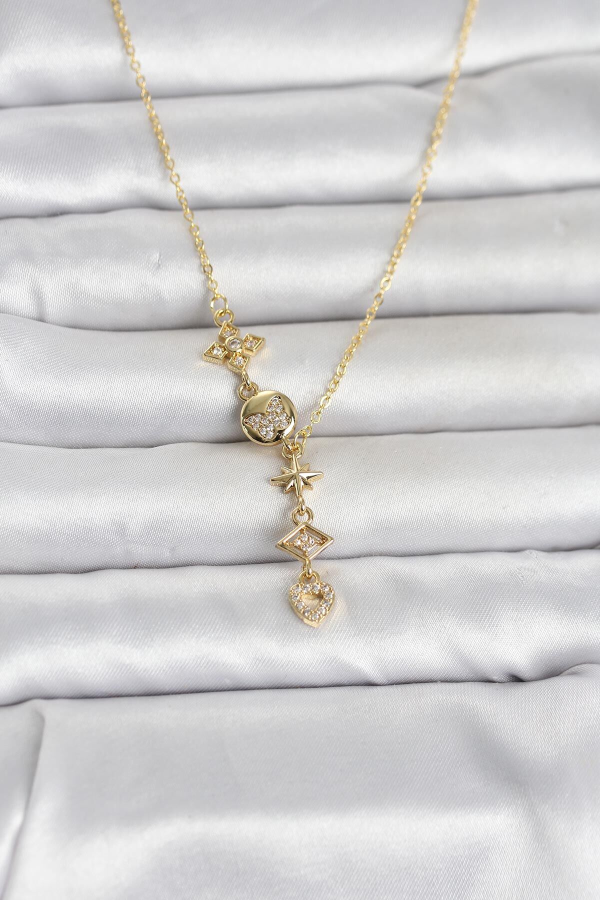 316L Çelik Gold Renk Zirkon Taşlı Y Kadın Kolye