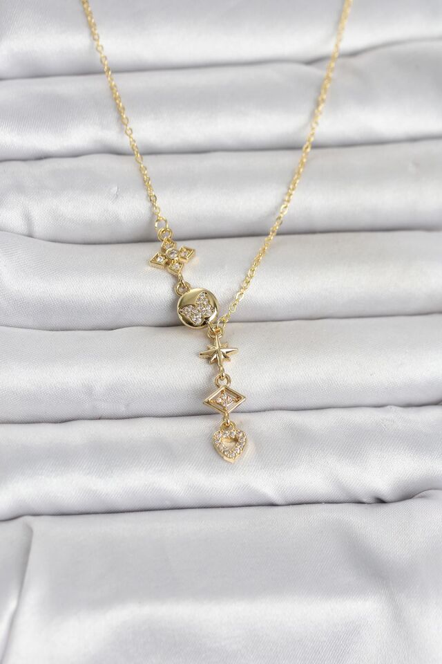 316L Çelik Gold Renk Zirkon Taşlı Y Kadın Kolye