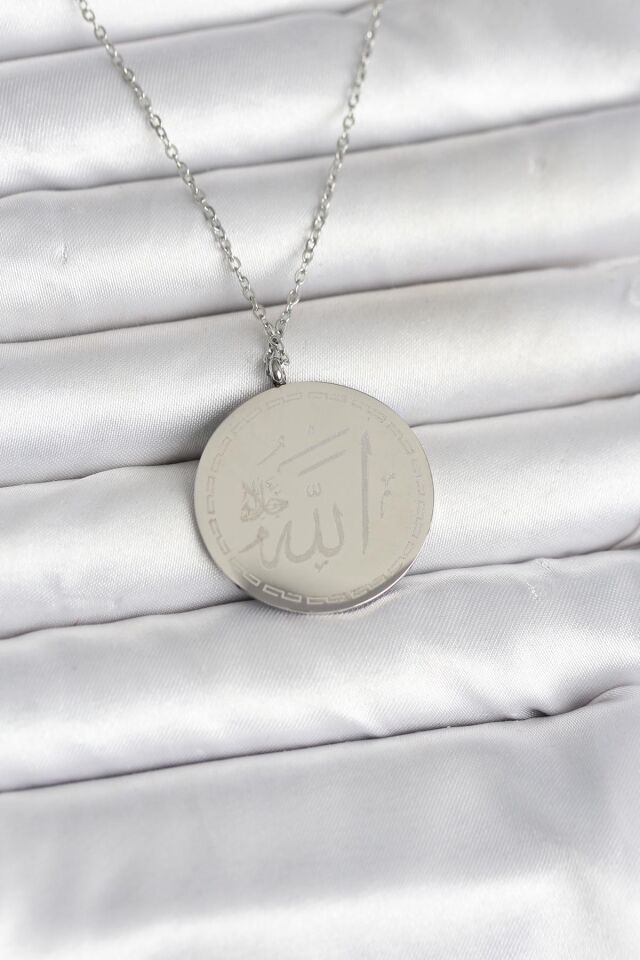316L Çelik Gümüş Renk Ayetel Kürsi ve Allah Yazılı Kolye