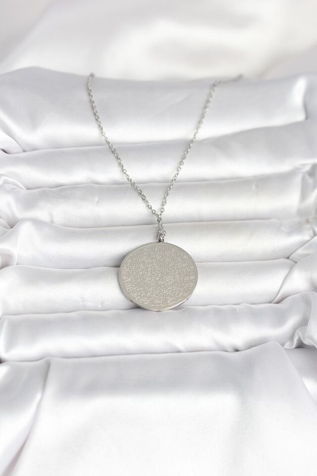 316L Çelik Gümüş Renk Ayetel Kürsi ve Allah Yazılı Kolye