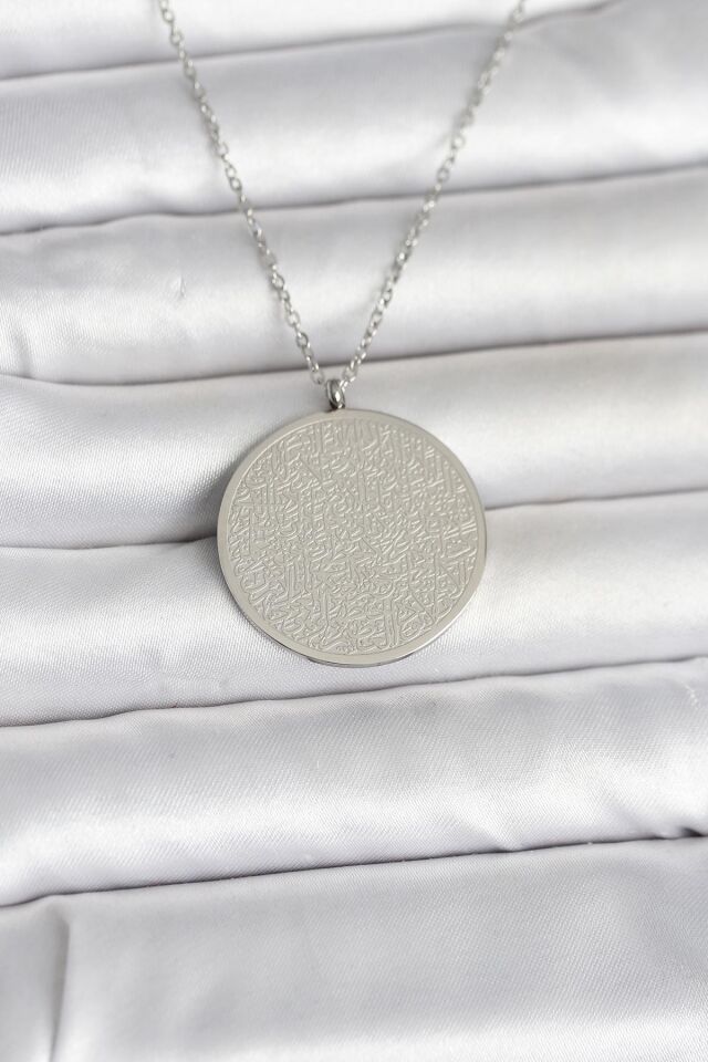 316L Çelik Gümüş Renk Ayetel Kürsi ve Allah Yazılı Kolye