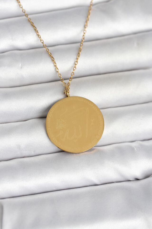 316L Çelik Gold Renk Ayetel Kürsi ve Allah Yazılı Kolye