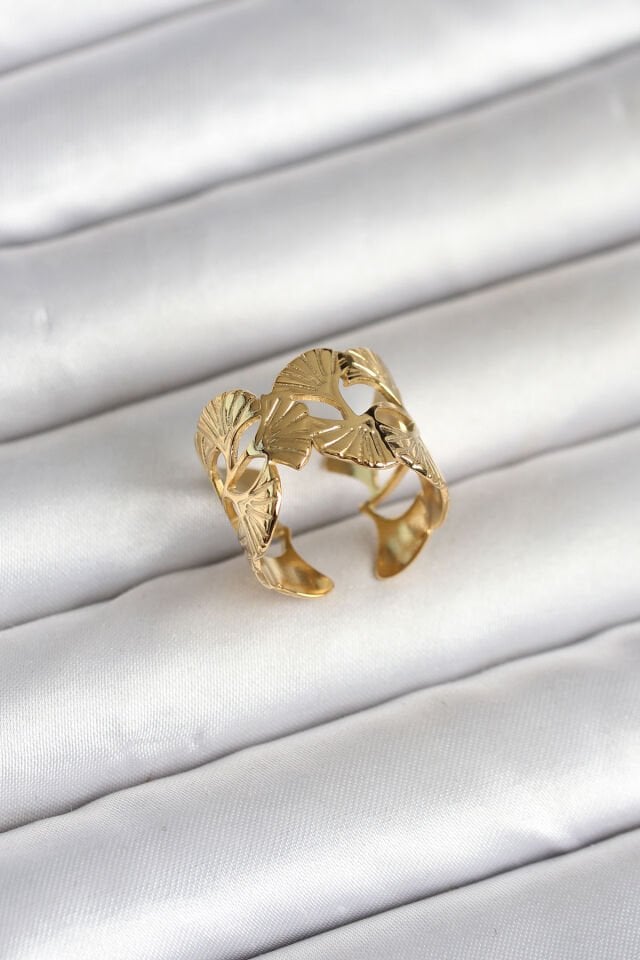 316L Çelik Gold Renk Yelpaze Model Kadın Yüzük