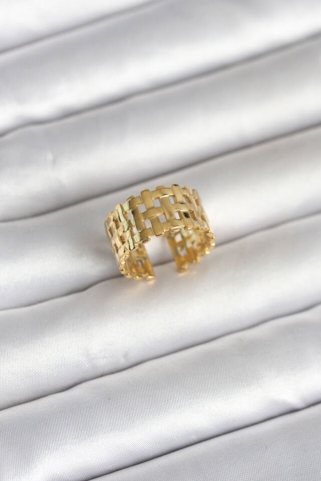 316L Çelik Gold Renk Hasır Model Kadın Yüzük