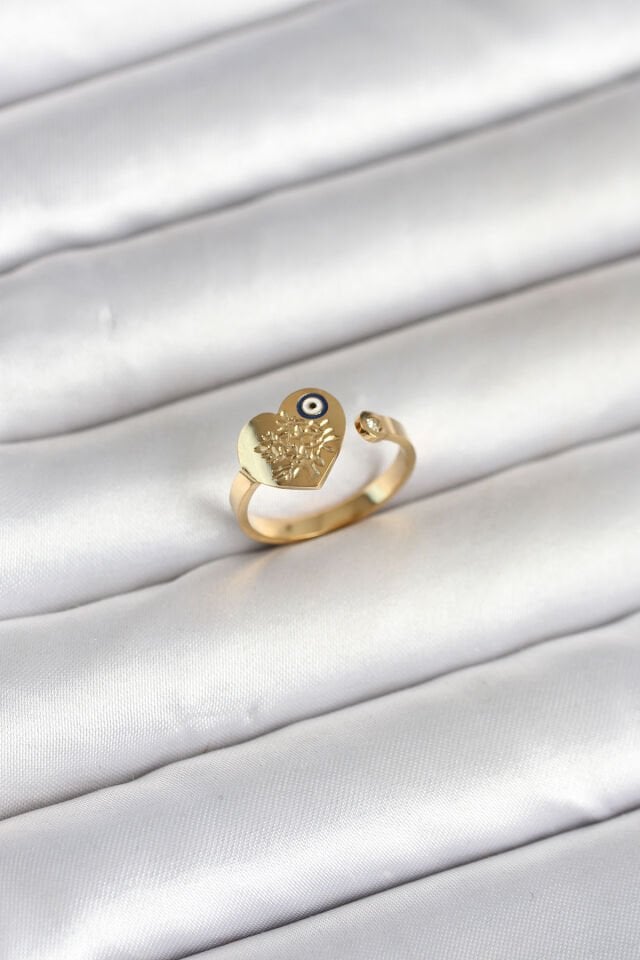 316L Çelik Gold Renk Nazar Detaylı Kalp Model Kadın Yüzük