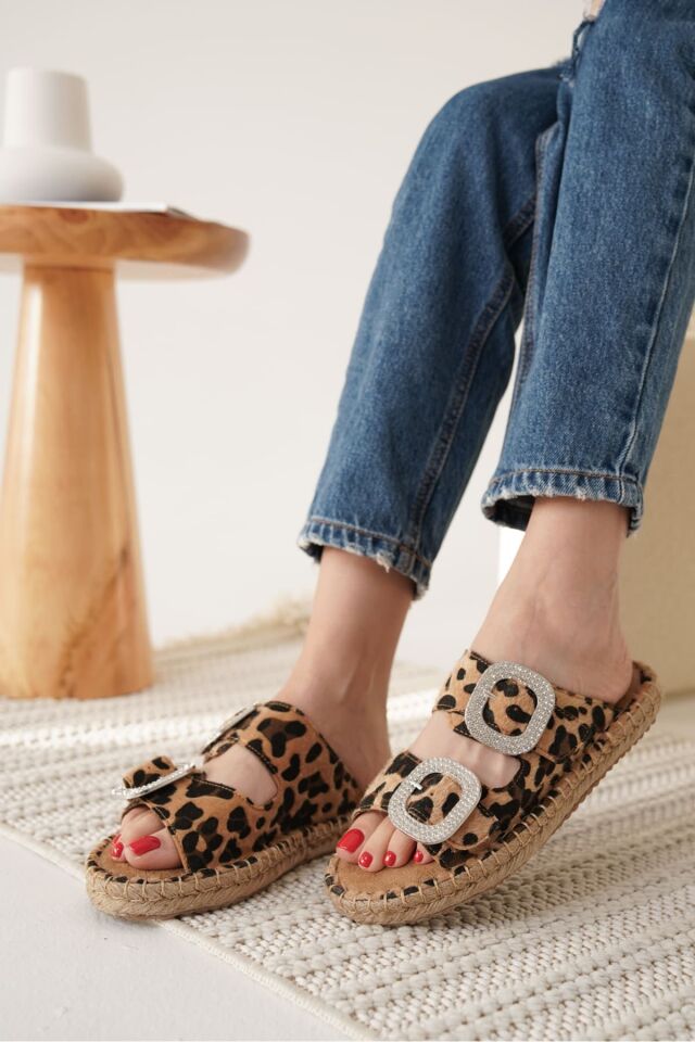 Süet Leopar Taşlı Kadın Terlik TR35MY05E