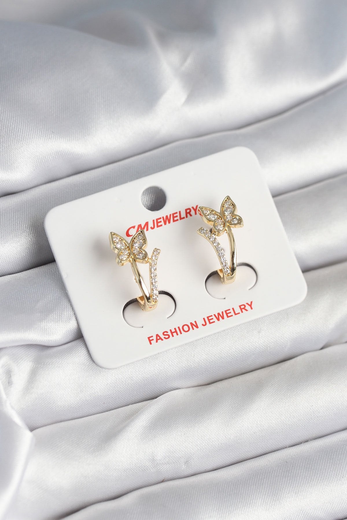 Pirinç Gold Renk Zirkon Taşlı Kelebek Model Kadın Küpe