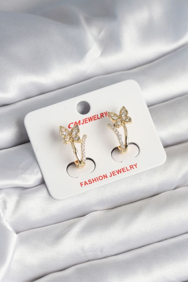 Pirinç Gold Renk Zirkon Taşlı Kelebek Model Kadın Küpe