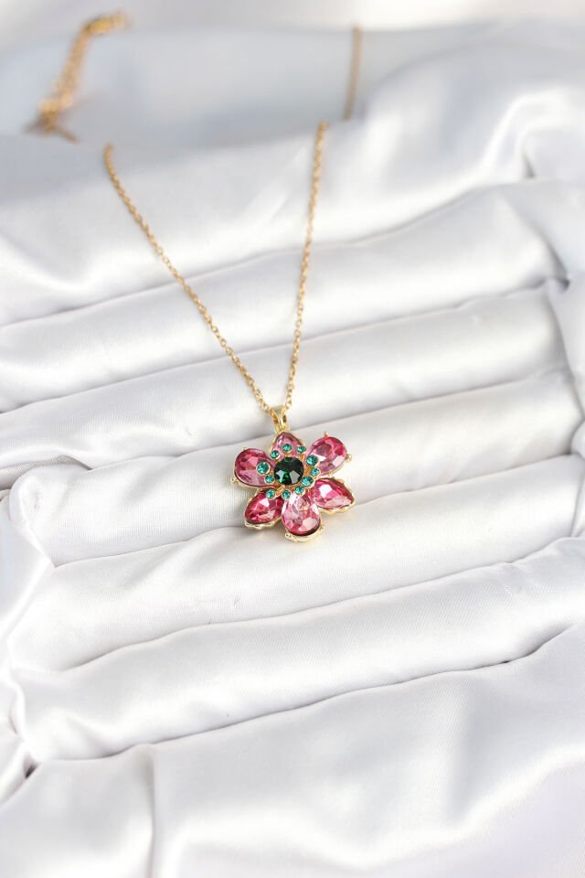 316L Çelik Zincirli Pembe Çiçek Model Kadın Kolye