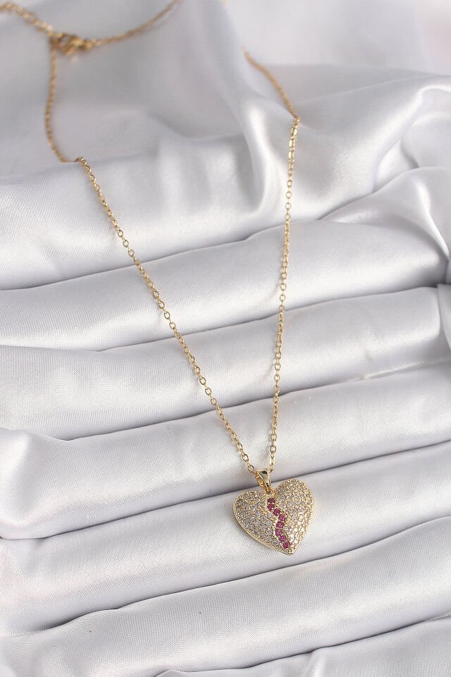 316L Çelik Gold Renk Zincir Zirkon Taşlı Kalp Model Kadın Kolye