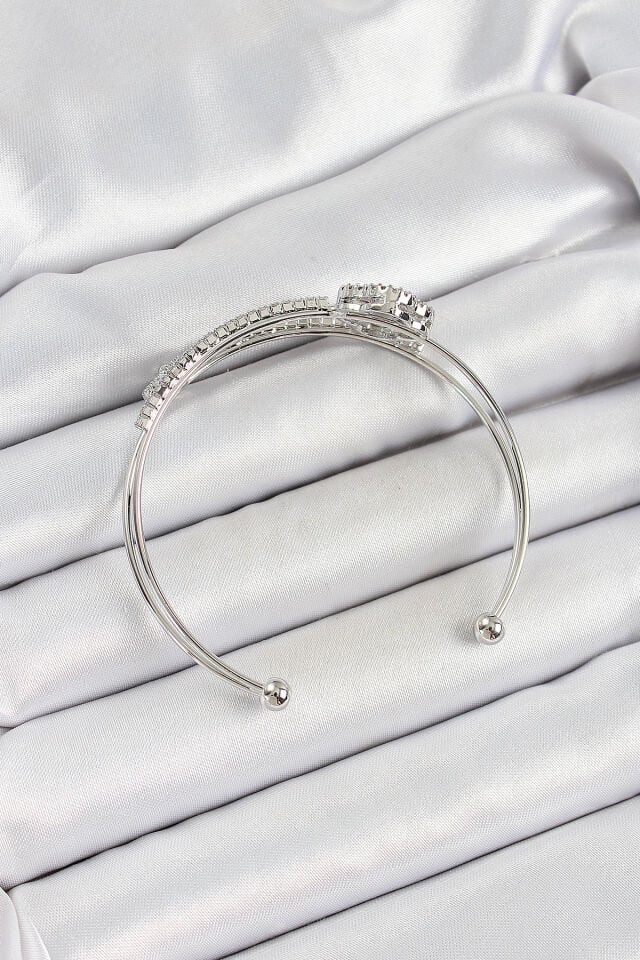 Pirinç Gümüş Renk Zirkon Taşlı Yonca Model 2'li Kadın Bileklik