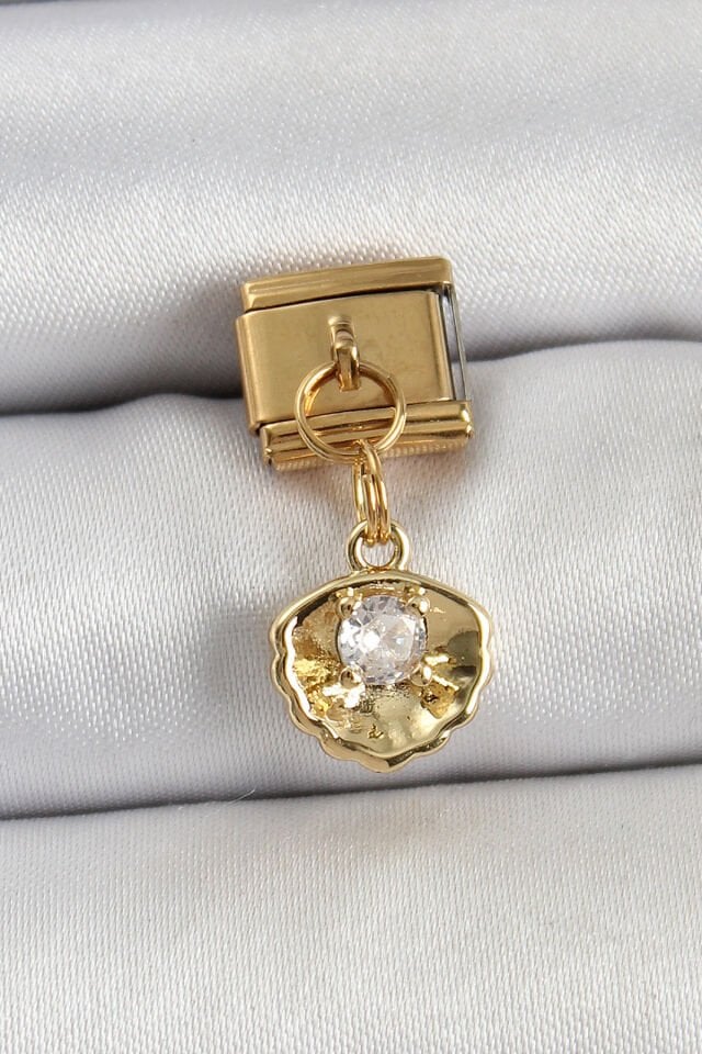 316L Çelik Sallantılı Zirkon Taşlı İstiridye Model Gold Renk Nomination Charm