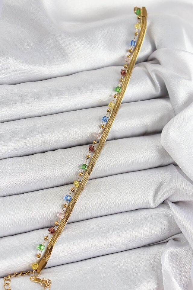 316L Çelik Gold Renk Karışık Renkli Kristal Taşlı Kadın Bileklik