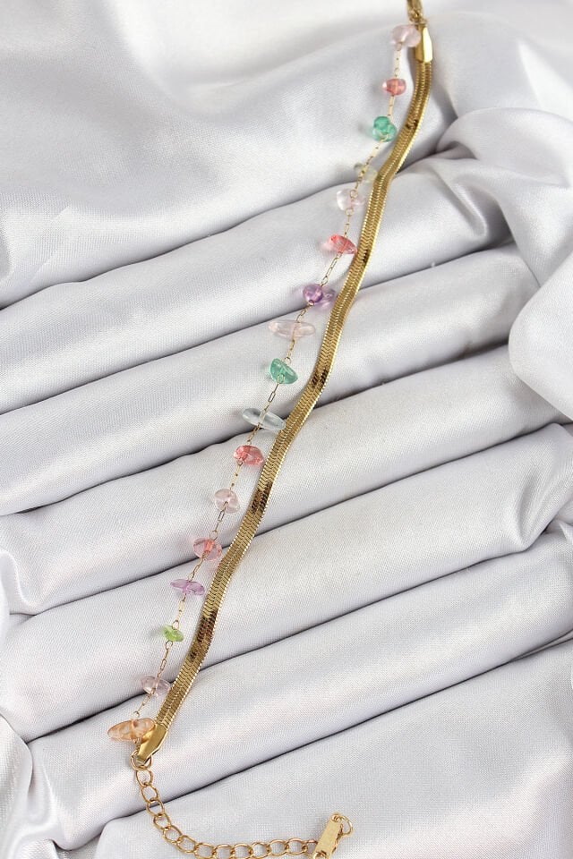 316L Çelik Gold Renk Kristal Karışık Renkli Taşlı Kadın Bileklik