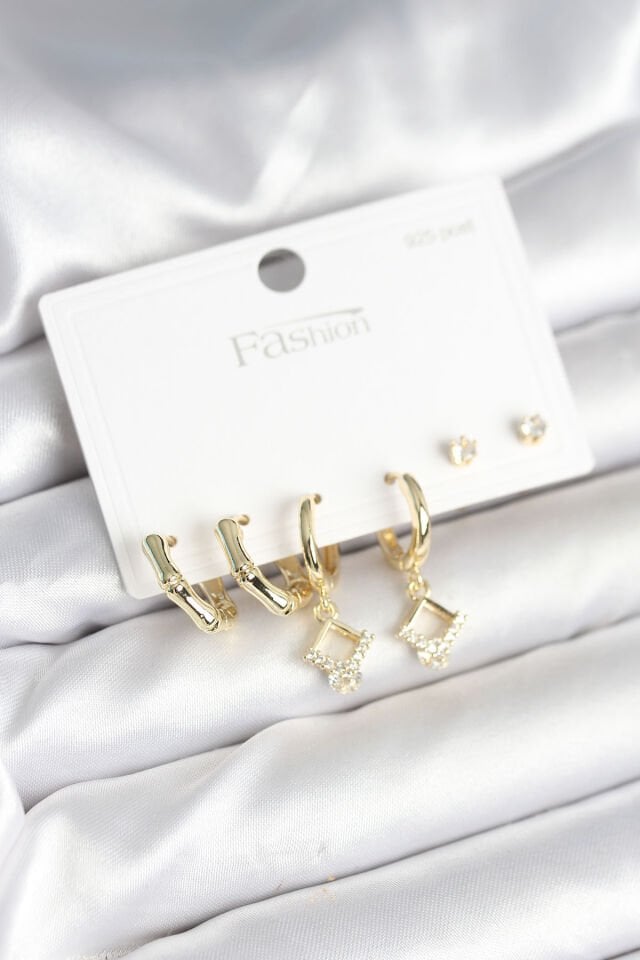 Pirinç Gold Renk 925 Ayar Gümüş Çivili Kadın Küpe Seti