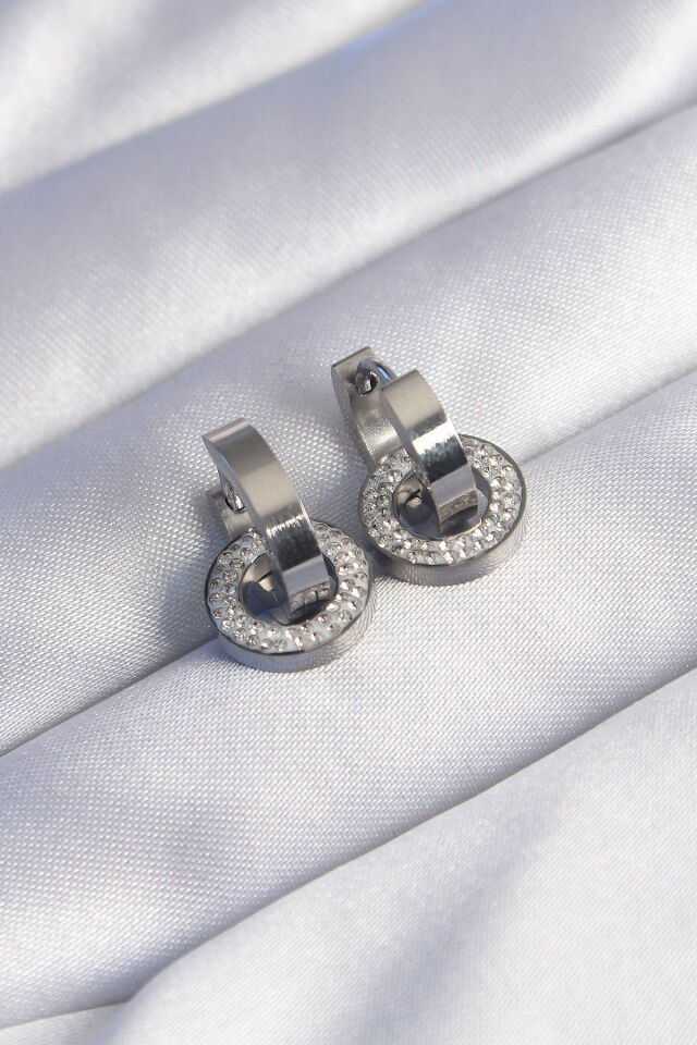 316L Çelik Gümüş Renk Zirkon Taşlı İç İçe Geçmeli Oval Küpe